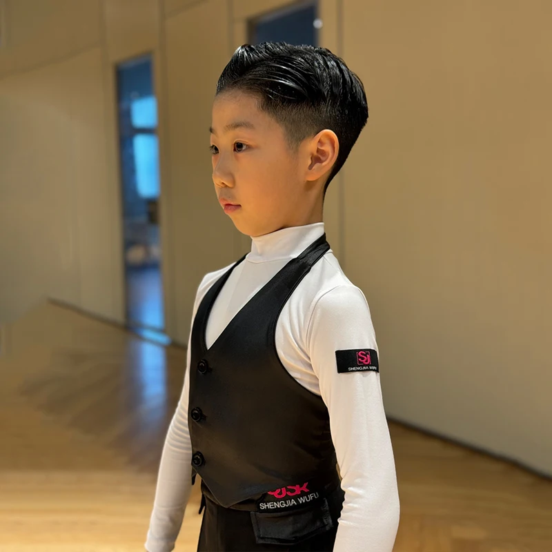 Boys Latin Dance Competition Clothing Leather Vest White Tops Black Pants Cha Cha Ballroom Dance Costume Stage Clothes DNV21123