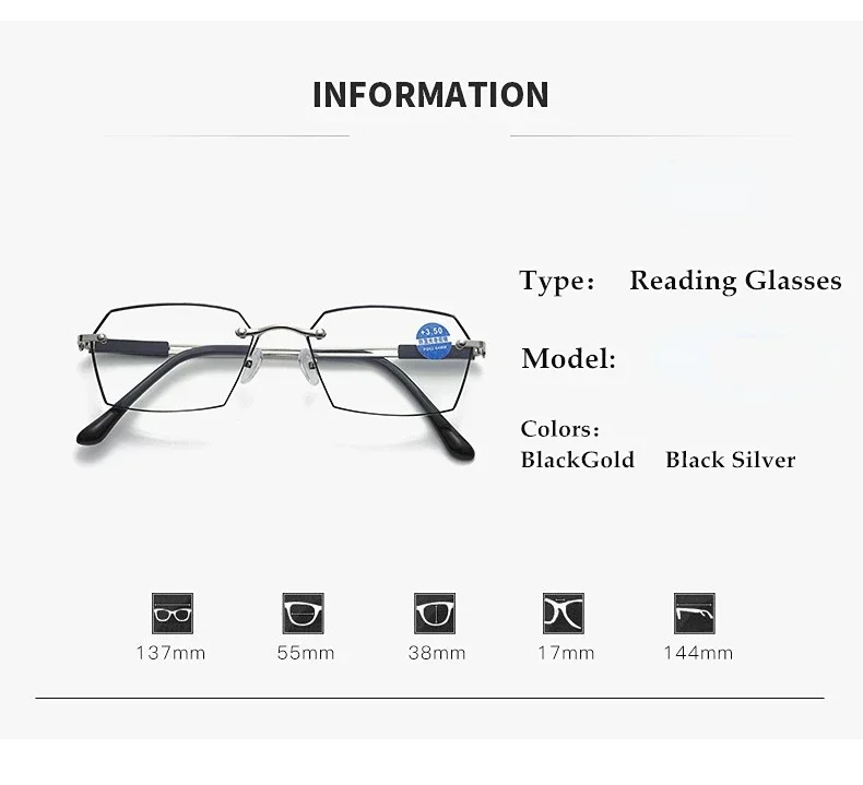 Randlose Lesebrille für Damen, Anti-Blaulicht-Schnittkante, mittleres Alter und ältere Menschen, modische Brillen für Herren – Detail 5