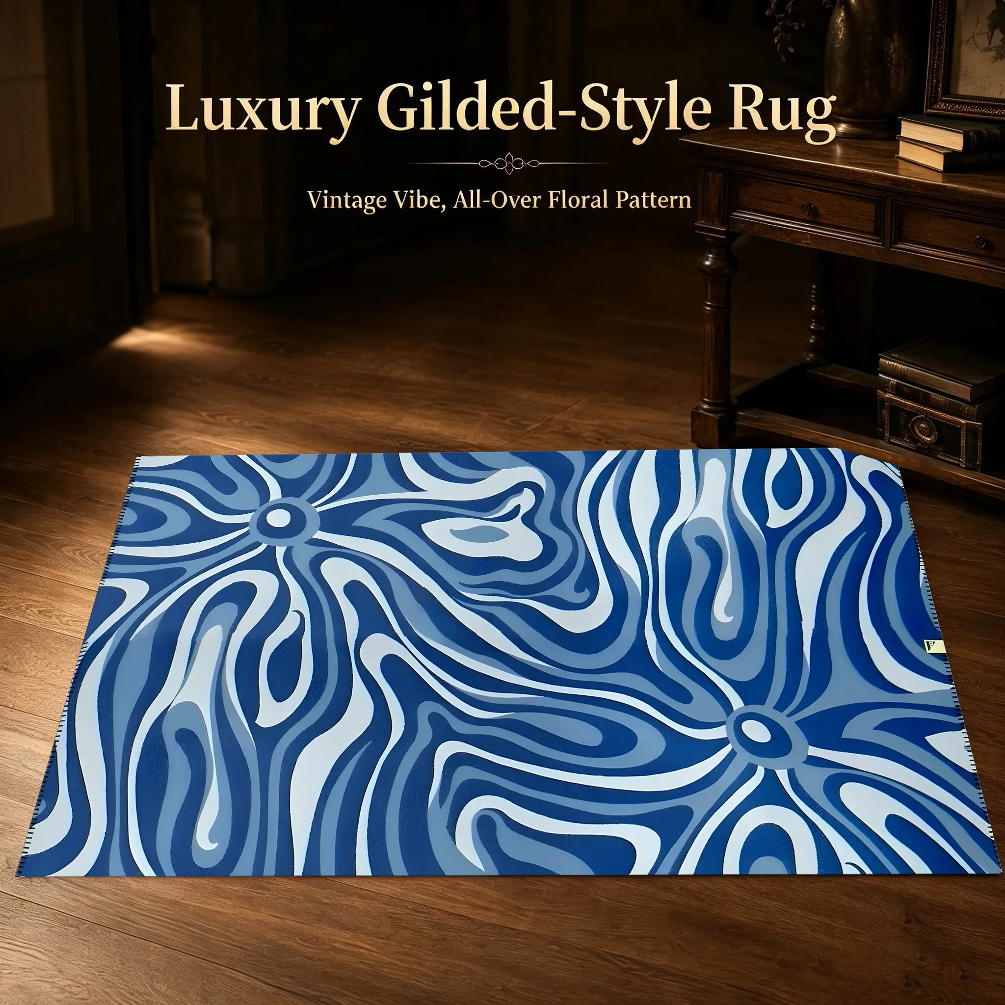 Large Area Rug with Blue and White Abstract Flowing Floral Pattern, Modern Art Style, for Living Room Bedroom