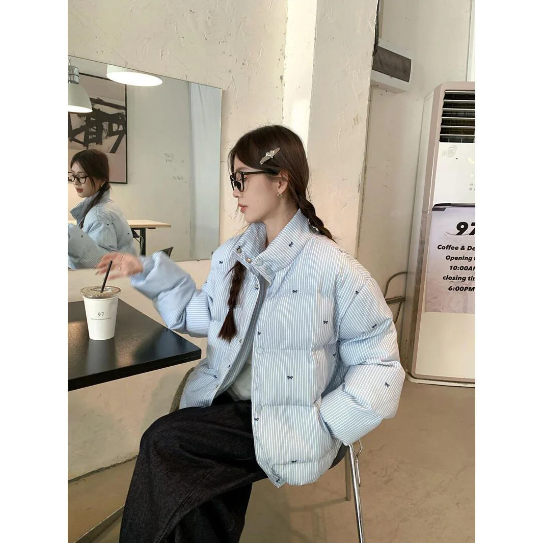 Japanese and Korean Vibe Style Striped Bow Cotton Jacket Winter New Versatile Thick Warm Jacket Blue