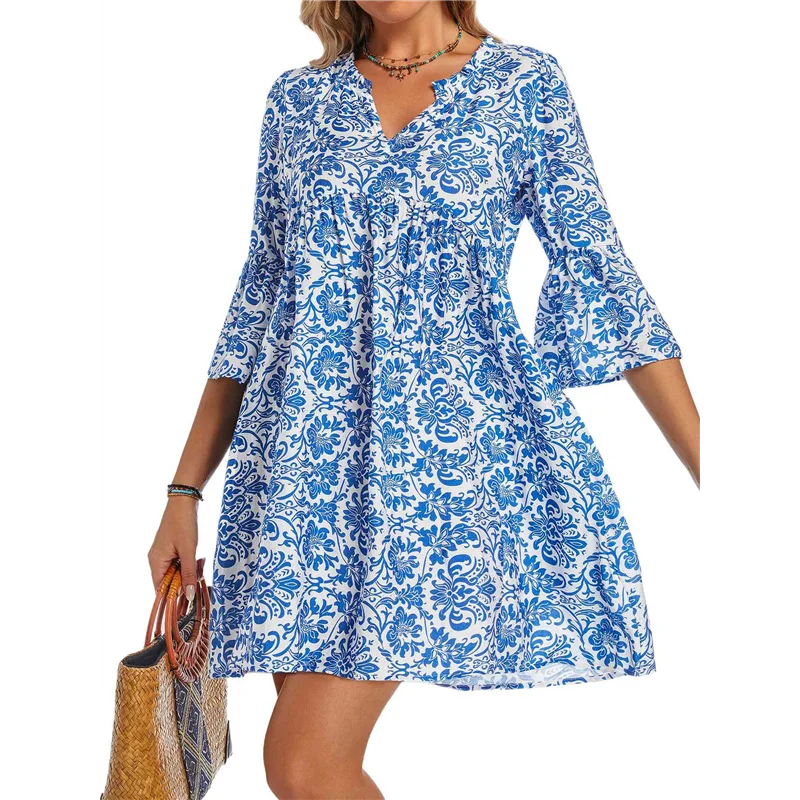 FX-Damen-Sommer-Boho-Kleid 2025, lässig, V-Ausschnitt, Babydoll, Rüschenärmel, Blumenmuster, Mini-Tunika, zierliches Sommerkleid