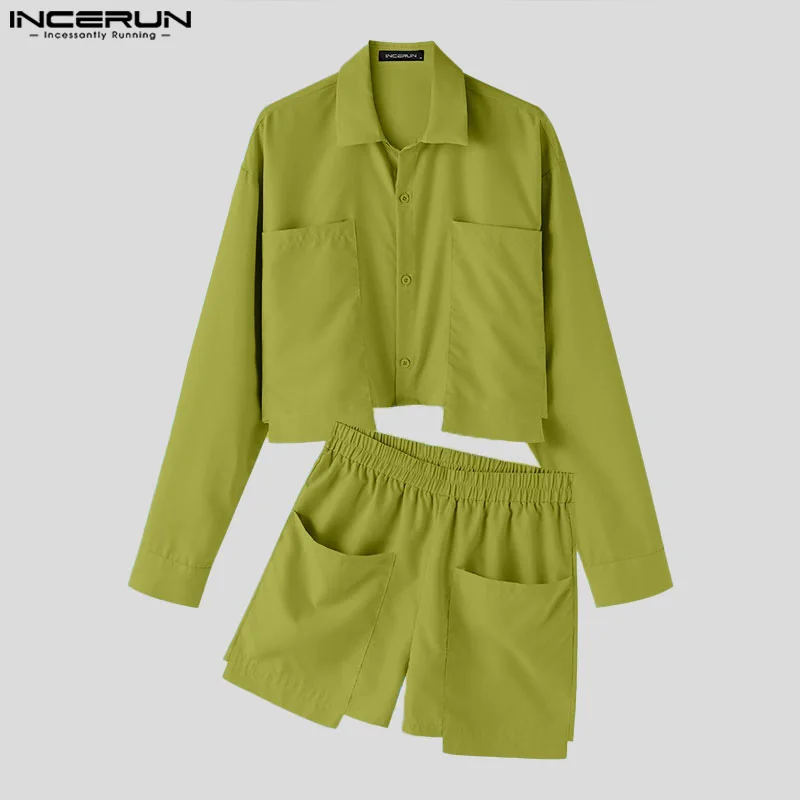 INCERUN Men Sets Solid Color Lapel Long Sleeve Shirt & Shorts Two Pieces Sets 2024 Streetwear Fashion Men\'s Casual Suits S-5XL