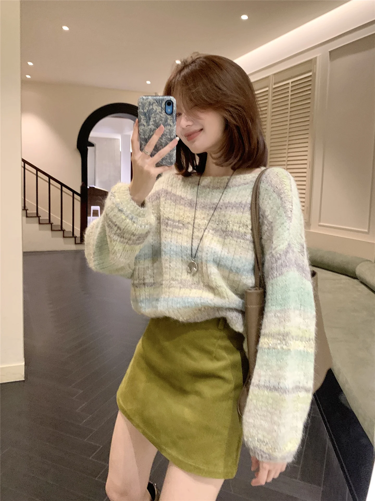 

Женский свободный вязаный свитер с круглым вырезом, в полоску, теплый, осенне-зимний, модный, для повседневной носки, из смесовой шерсти