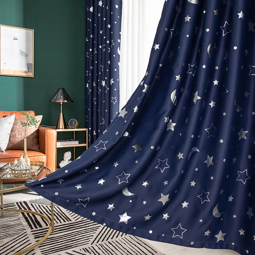 

1 pc Simple Fashion Window Curtain Silver Stars Moon Blackout Heat Insulation Punching Curtain For Living Room Bedroom 100X130Cm