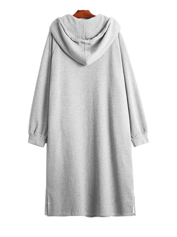 [EAM] Women Gray Letter Printed Big Size Long Dress New Hooded Long Sleeve Loose Fit Fashion Tide Spring Autumn 2024 1DE2987