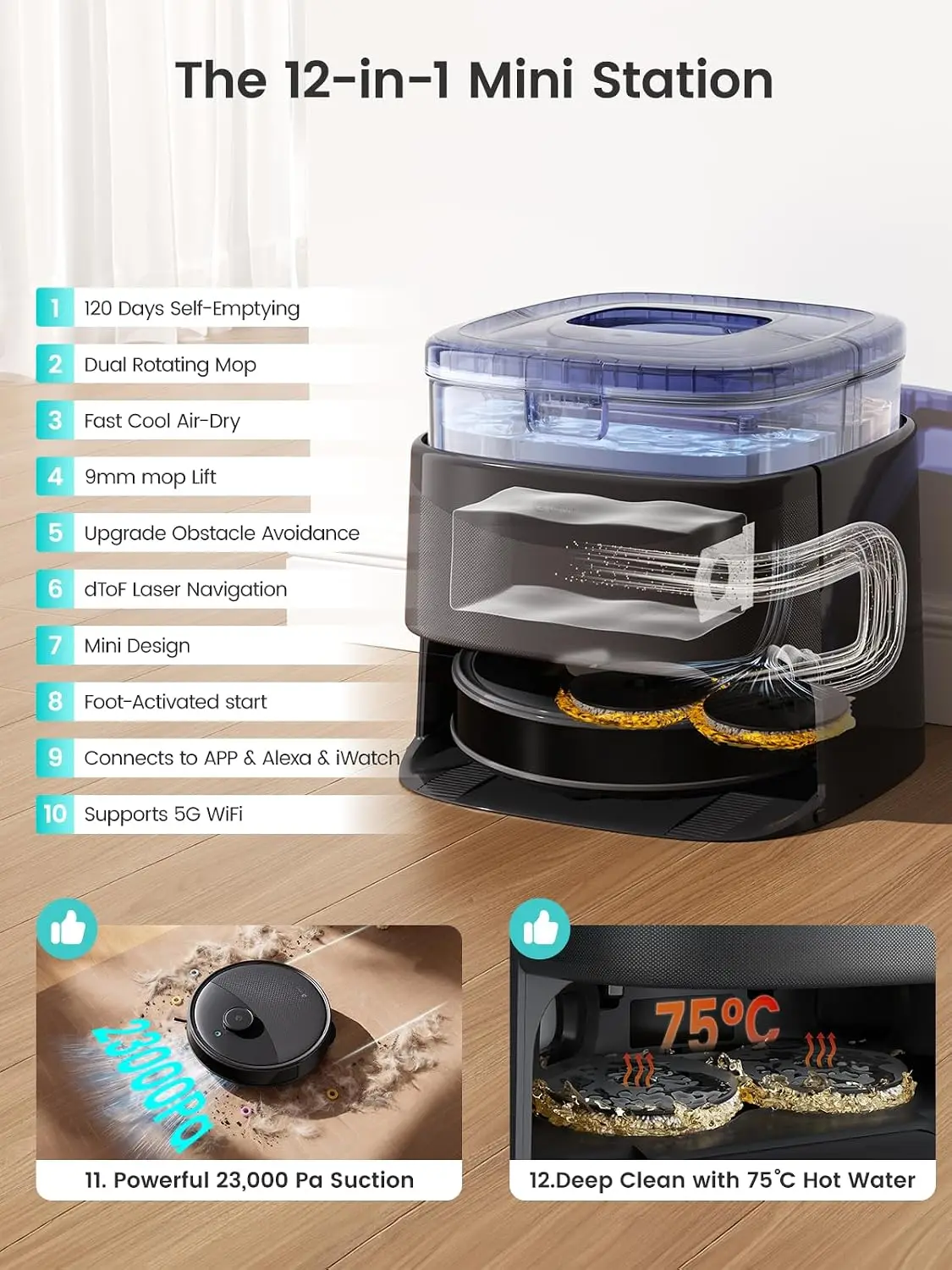 ^For Robot Vacuum and Mop, 23,000Pa Suction,All-in-One, 120-Day Self-Emptying, Obstacle Avoidance, Auto Mop Washing&Drying, for