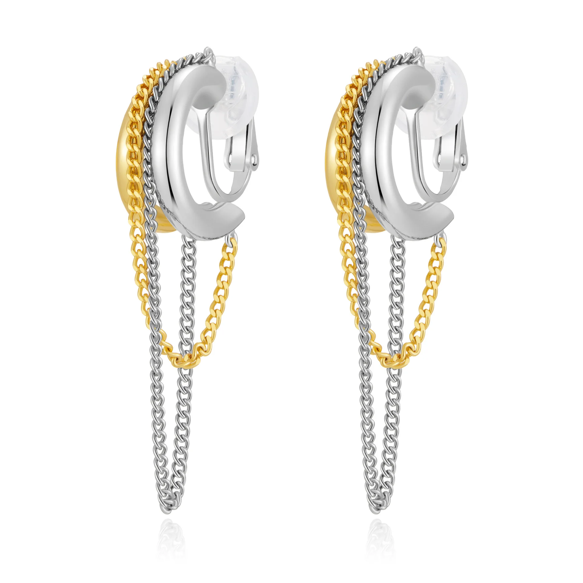 

Two Tone Gold Silver Tassel Line Earrings Simple Fashion Non-Fading Clip On Earrings