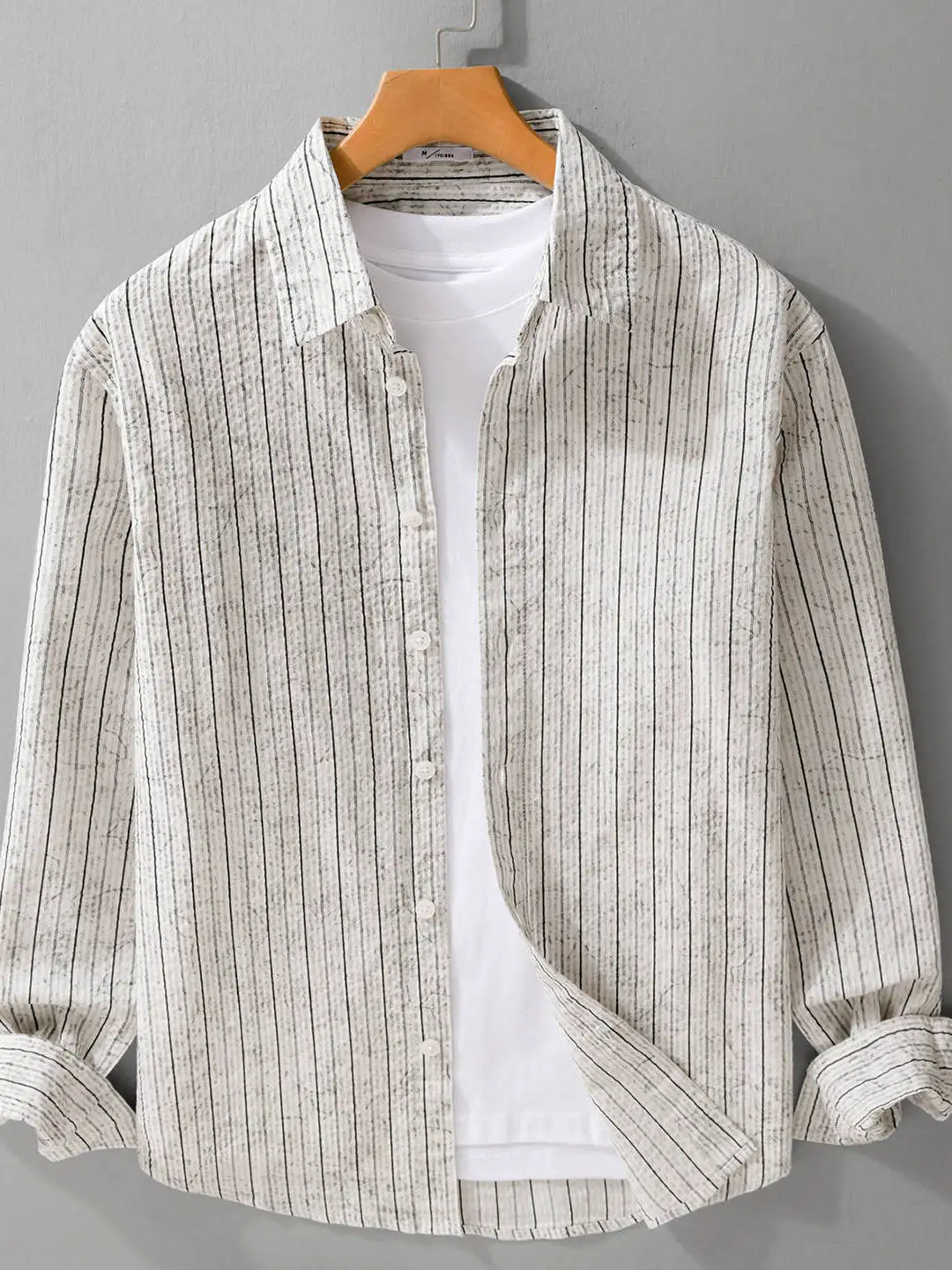 Color Woven Long Sleeve Pure Cotton Men's Shirt Loose Fit Casual Style Autumn Fashion Trend Japanese Style Stripe Pattern But...