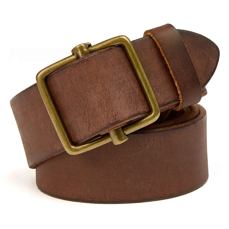 Solid Copper Buckle Men's Genuine Leather Belts, Male Top Layer Cowhide Youth Smooth Buckle Denim Casual Retro Pants Strap Belt