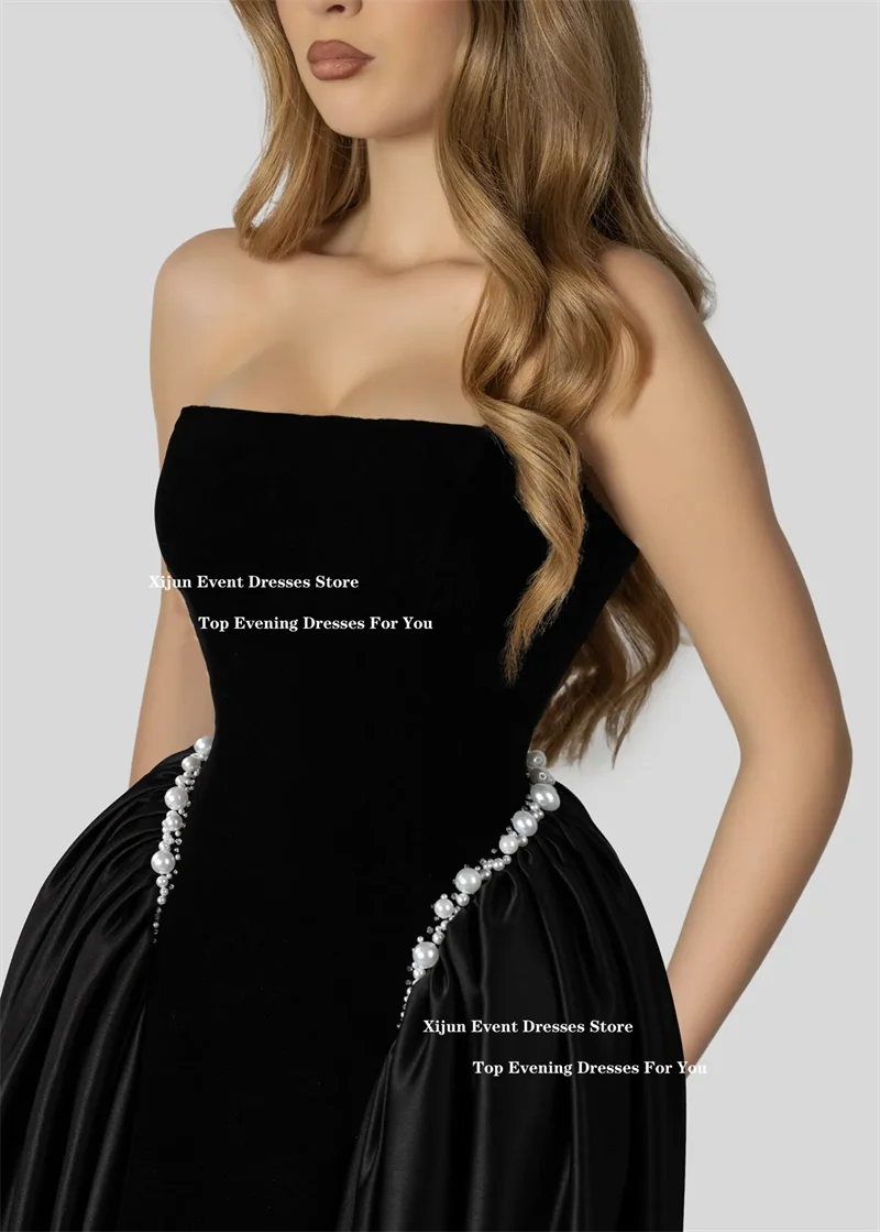 Xijun Luxury Long Black Evening Dresses Sleeveless A-Line Prom Dresses Pearls Beads Prom Gowns Formal Party Dresses Customized