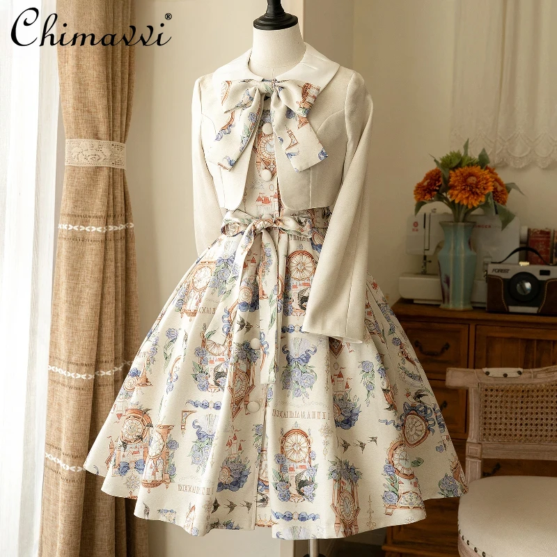 

High-end Vintage Printing Elegant Short Sleeve CLA Dress Short Coat Lolita Women Two-piece Dress Set Autumn Fashion Outfits