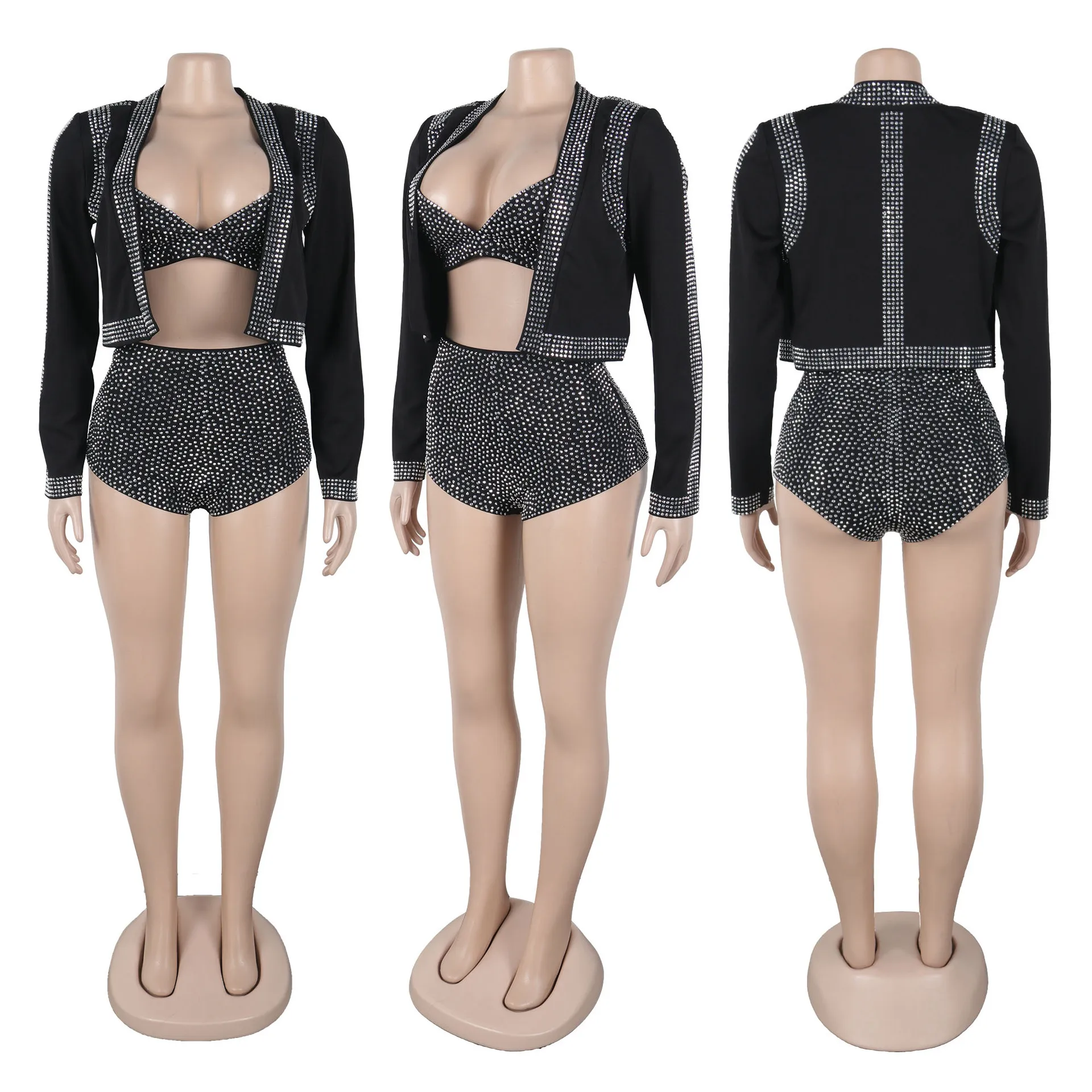 Rhinestone Coats Sexy 2 Piece Pant Set Outfit 2025 Women Luxury Clothes Jacket Club Wear Cropped Coats Two Piece Set Shorts Pant