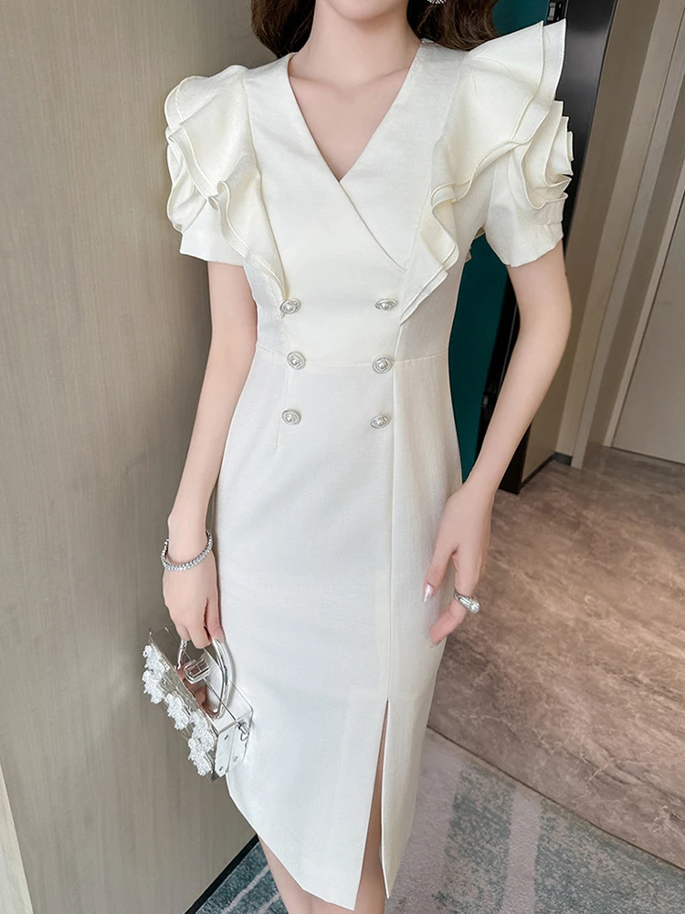 Robe crayon mi-longue à manches bouffantes à volants pour femmes, vêtements de trajet formels, col en V, mode de bureau élégante, nouveau, été