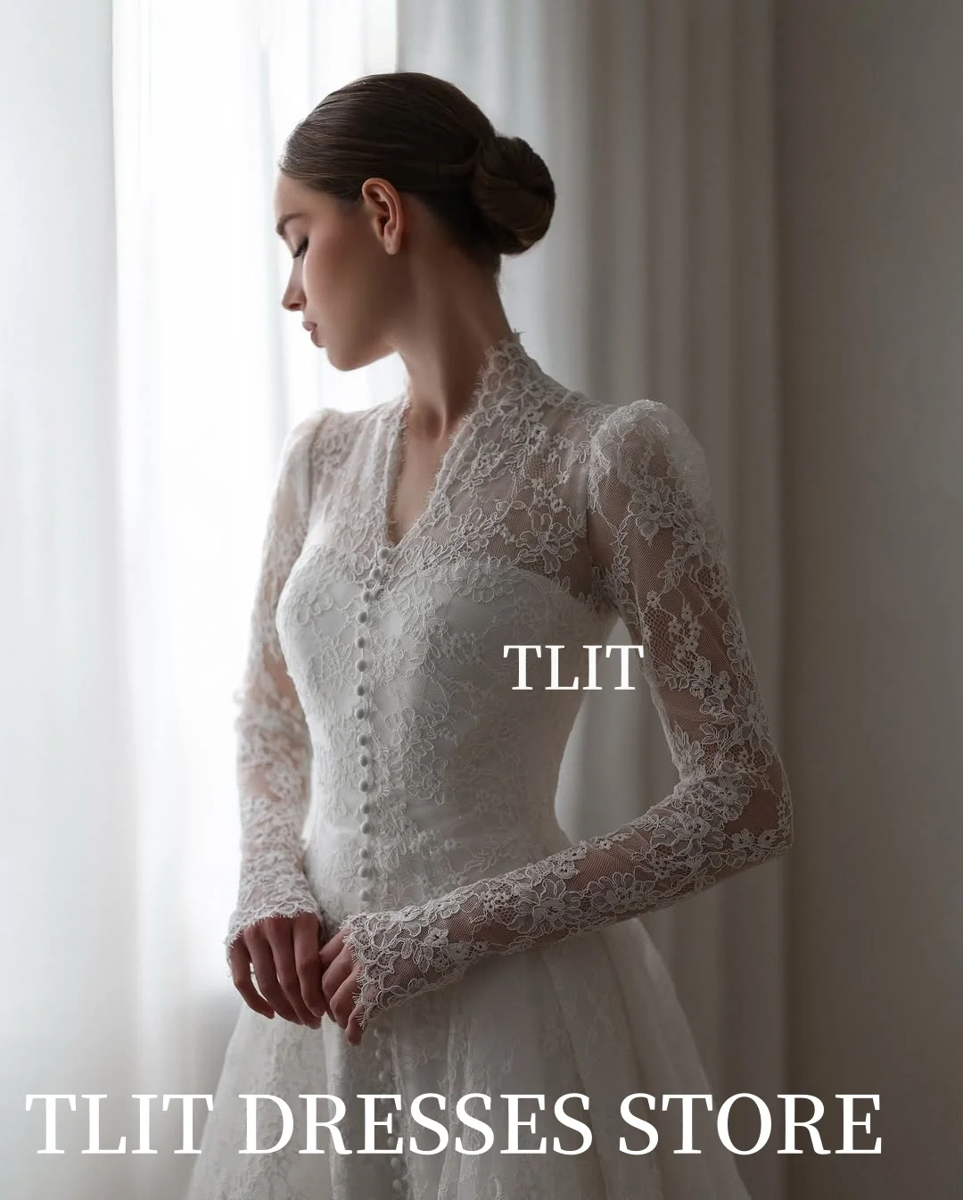 TLIT Vintage Ivory Lace A-Line Wedding Dresses Customized V-Neck  فساتين زفاف Buttons Long Sleeves Bridal Gowns