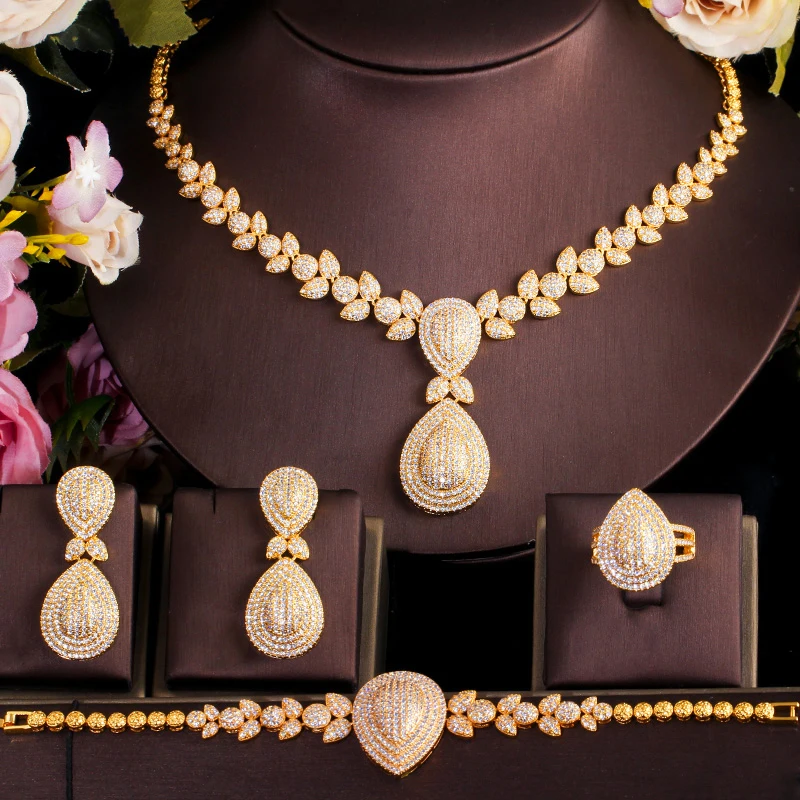 ThreeGraces 4pcs Vintage Cubic Zirconia African Dubai Gold Color Luxury Bridal Wedding Banquet Jewelry Set for Women T0939