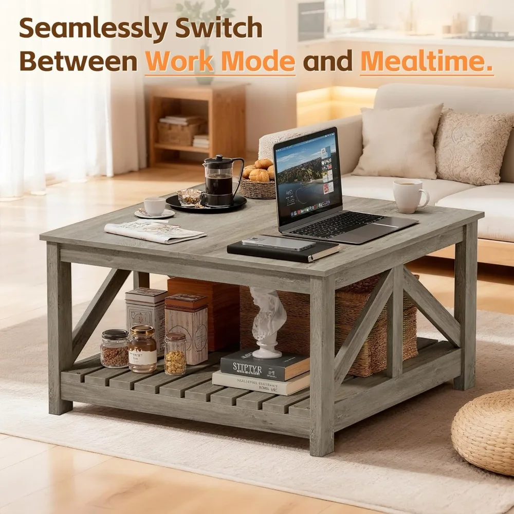 JUMMICO Quadratischer Couchtisch mit zwei Ablagefächern, moderner Cocktailtisch aus Holz für Wohnzimmer, Bauernhaus-Lounge und Büro