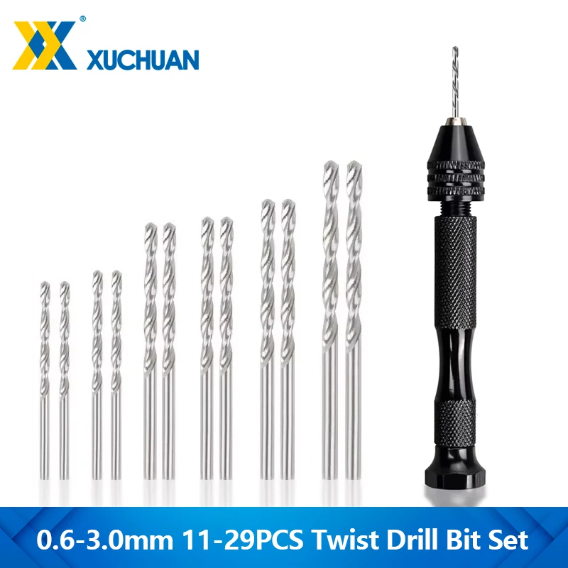XUCHUAN Mini Micro Aluminum Hand Drill With Keyless Chuck HSS Steel Twist Drill Bit Woodworking Drilling Rotary Tools Hand Drill