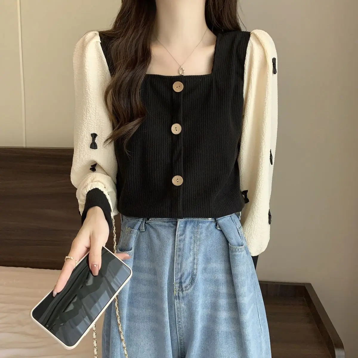 Camisa básica para mujer, Top adelgazante de talla grande con empalme de Nudo de mariposa para primavera y otoño, cuello cuadrado de manga larga de estilo francés de gran tamaño