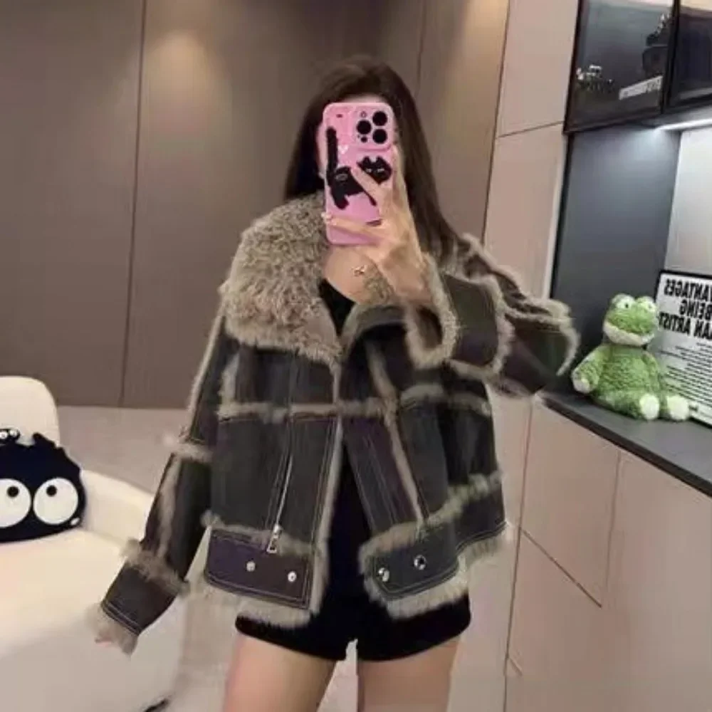 Short Style Fur Jacket 2024 Spring and Autumn Women Sheepskin Jacket Tanned Suede Fabric Natural Rabbit Lining,Luxury Fashion