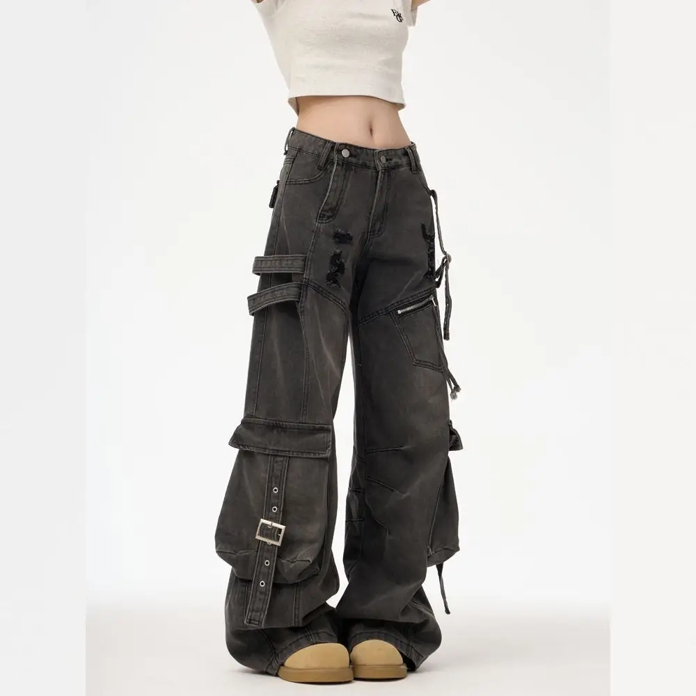 Pants for women ins trendy multi-pocket workwear jeans for men loose straight wide legs high street American deconstructed feel