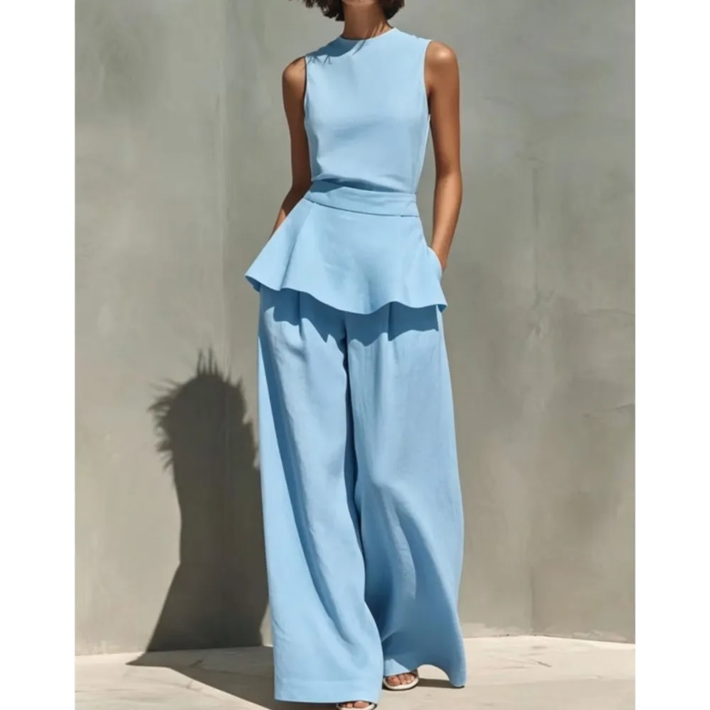 Women's Vest Vest Wide Leg Pants Cotton Linen 2-piece Set Summer Elegant Fashion Ruffled Hip-covering Trousers Female 2piece Set