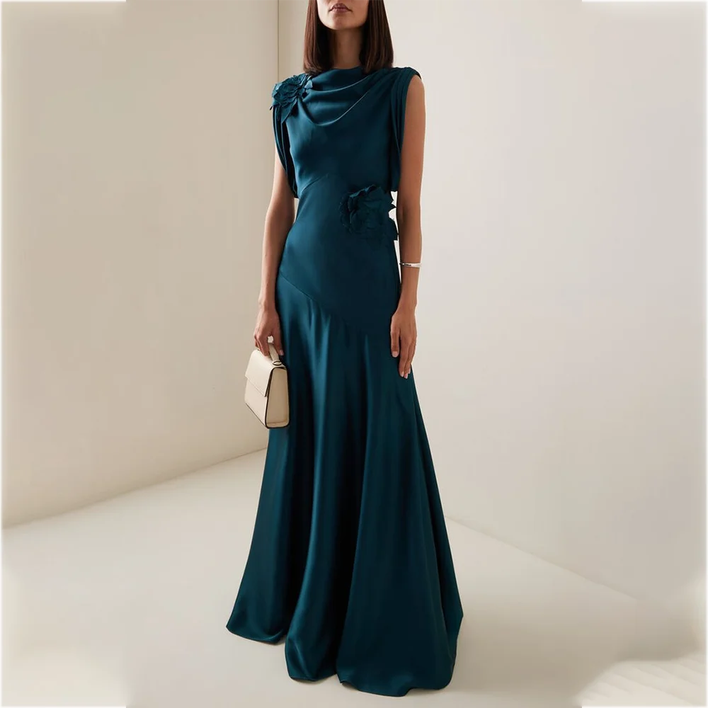 

Темно-зеленое платье для выпускного вечера со складками и 3D-цветком с круглым вырезом без рукавов длиной до пола, вечернее платье трапециевидной формы, вечернее платье для особых случаев по индивидуальному заказу