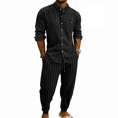 

Men's Casual Linen Suit 4 Seasons, Loose Lapel Long Sleeve Shirt & Long Pants Set