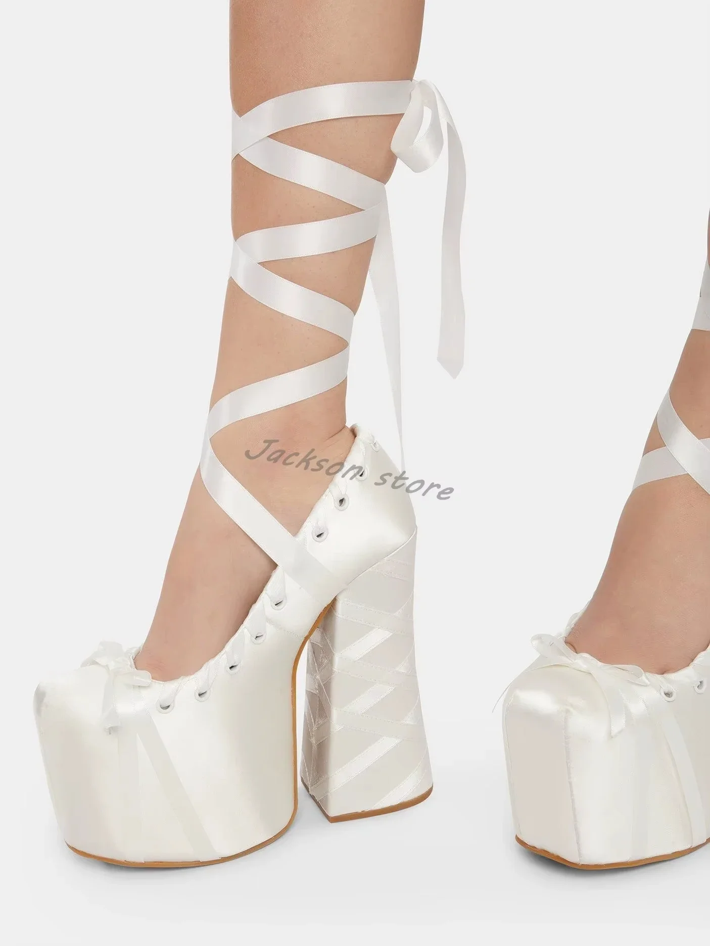 Chaussures de Ballet rose doux à bout rond et semelle épaisse, escarpins en soie à bretelles croisées, talons hauts épais pour femmes, escarpins élégants Lolita pour fête