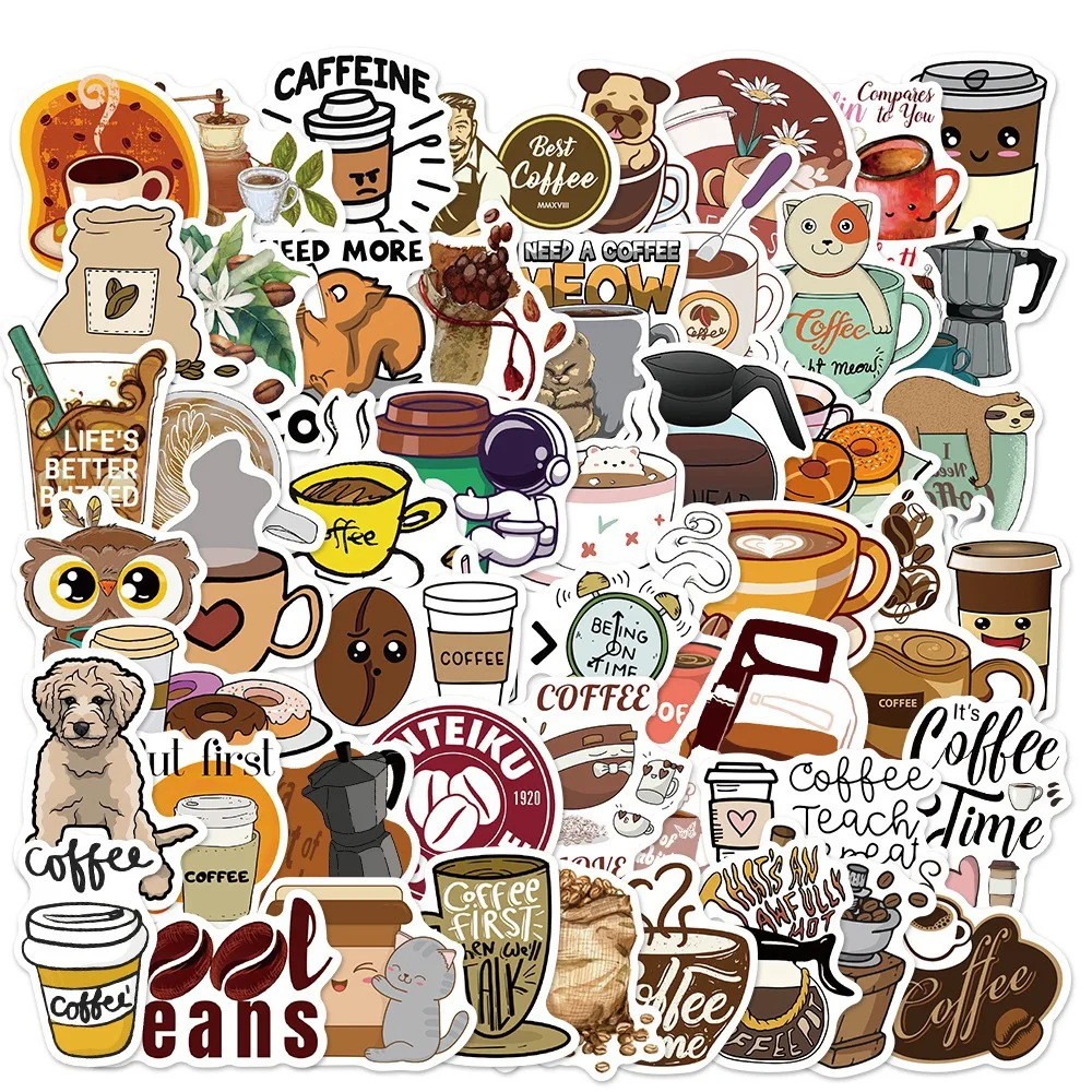 50 Stück niedliche Cartoon-Kaffee-Aufkleber, DIY, Schreibwaren, Gepäck, Koffer, Laptop, Pegatinas, Graffiti-Aufkleber