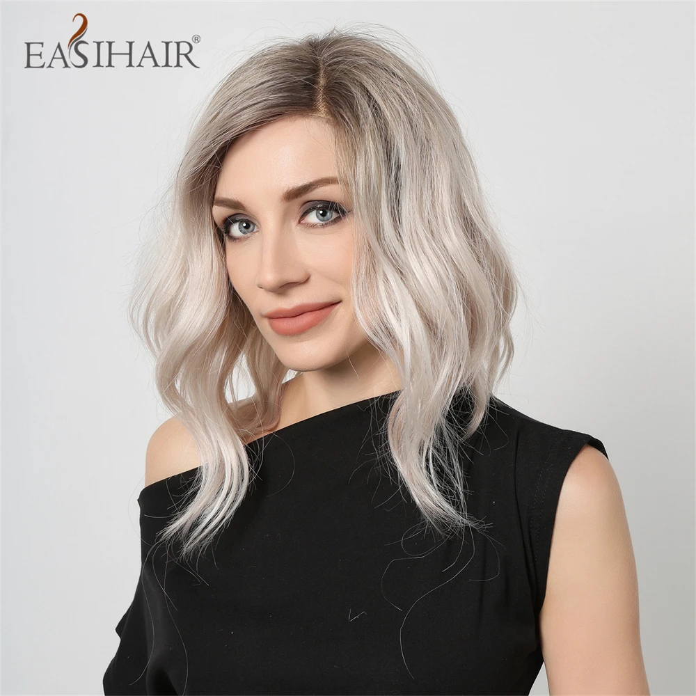 Easyhair krótka, koronkowa z przodu peruki syntetyczne brązowy blond perwersyjne kręcone falowane włosy peruki dla kobiet Balck codziennie odporne