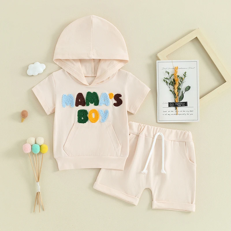 

2024-02-02 Lioraitiin Toddler Summer Baby Boys Shorts Set Embroidery Letters Short Sleeve Hooded T-shirt with Shorts Outfit