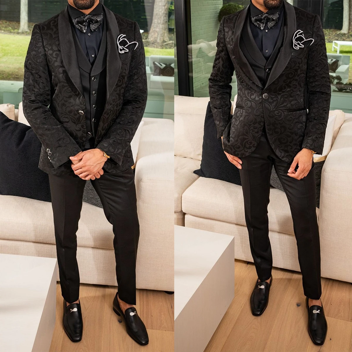 Trajes modernos para hombre, esmoquin de tejido Jacquard, chal con solapa y bolsillos de un botón, Blazer personalizado de 2 piezas, pantalones negros a medida, guapo