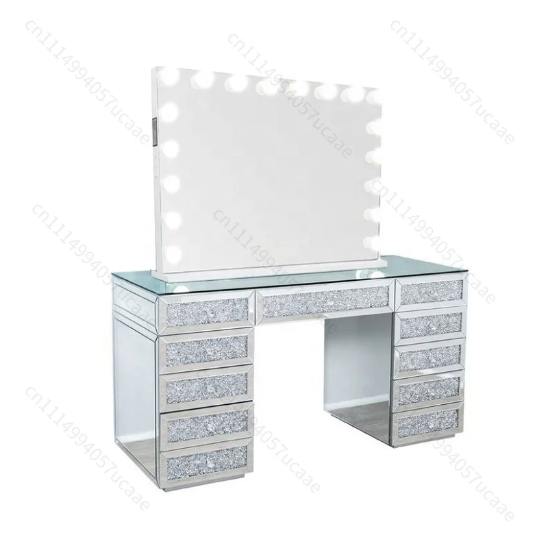 Sparkly Diamond Crushed Bedroom Furniture Girls Glass Top Vanity Dressing Table With Lighted Mirror