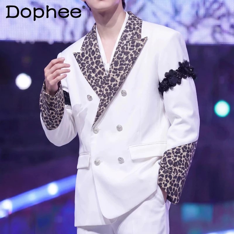 

Новые шикарные мужские пиджаки весна 2026: Элитные двубортные костюмные пиджаки с леопардовым принтом и кружевными вставками, индивидуальный пошив