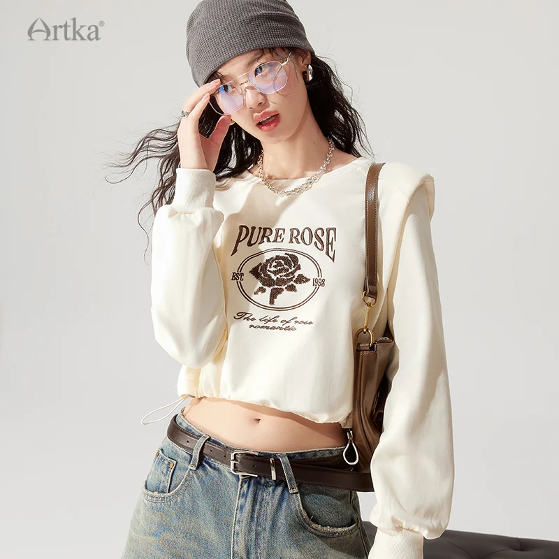 ARTKA 2023 Early Autumn New Fashion Loose Flower Nail Bead Sweatshirts Long Sleeve O-neck Short Sweatshirt Female VA92235Q