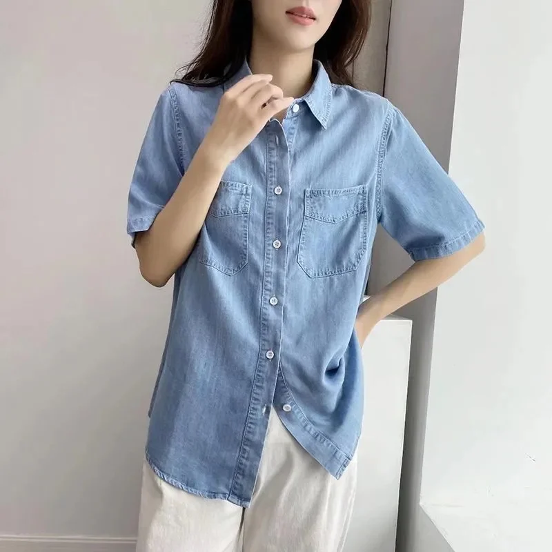 

Women's Fashion Blue Denim Shirts Women Casual Clothing Short Sleeved Solid Pockets Tencel Cotton Blend Tops Shirts & Blouses