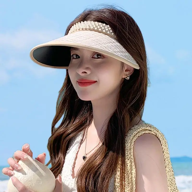 Empty Top Sun Hat Wide Brimmed Adult Sunscreen Visor Hat Adult Sunshade Hat With Pearl Accent Hair Band Style Black Rubber