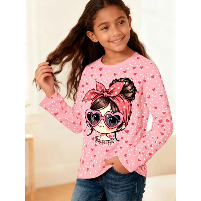 2026 Girls Cute Pink Heart Print T-Shirt for Kids Fashionable Casual Short Sleeve Top in Soft Comfortable Material
