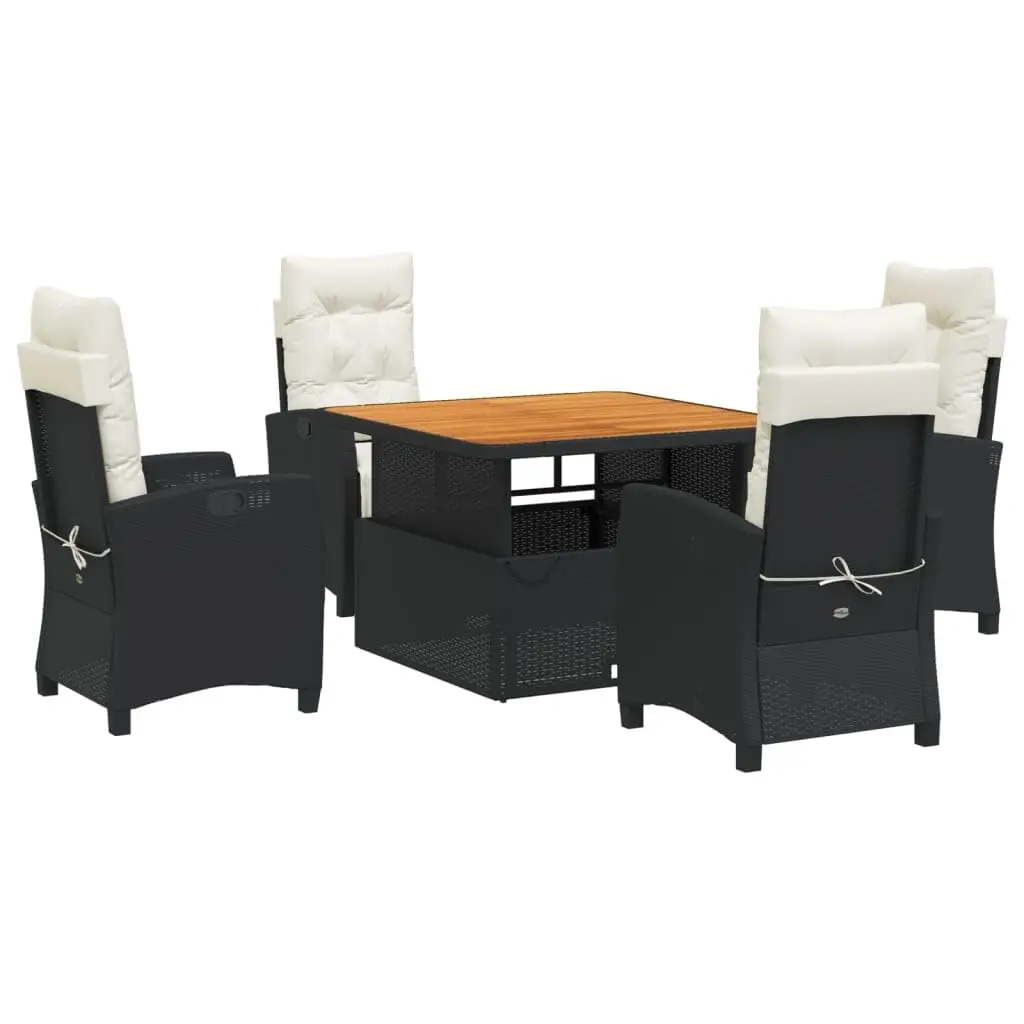 5 Piece Outdoor Patio Dining Set with Cushions, Black Poly Rattan Garden & Poolside Furniture, Customized