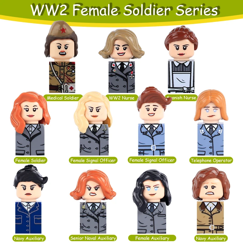 WW2 Military Female Soldiers Building Blocks Army Medical Nurse Signal Assistant Operator Navy Officer Suitcase Flag Bricks Toys