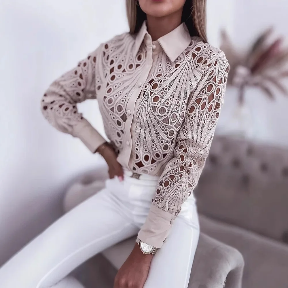 Sexy White Lace Spliced Hollow Out Long Sleeve Shirts For Women 2025 New Spring Fashion Elegant Loose Blouses Casual Button Tops