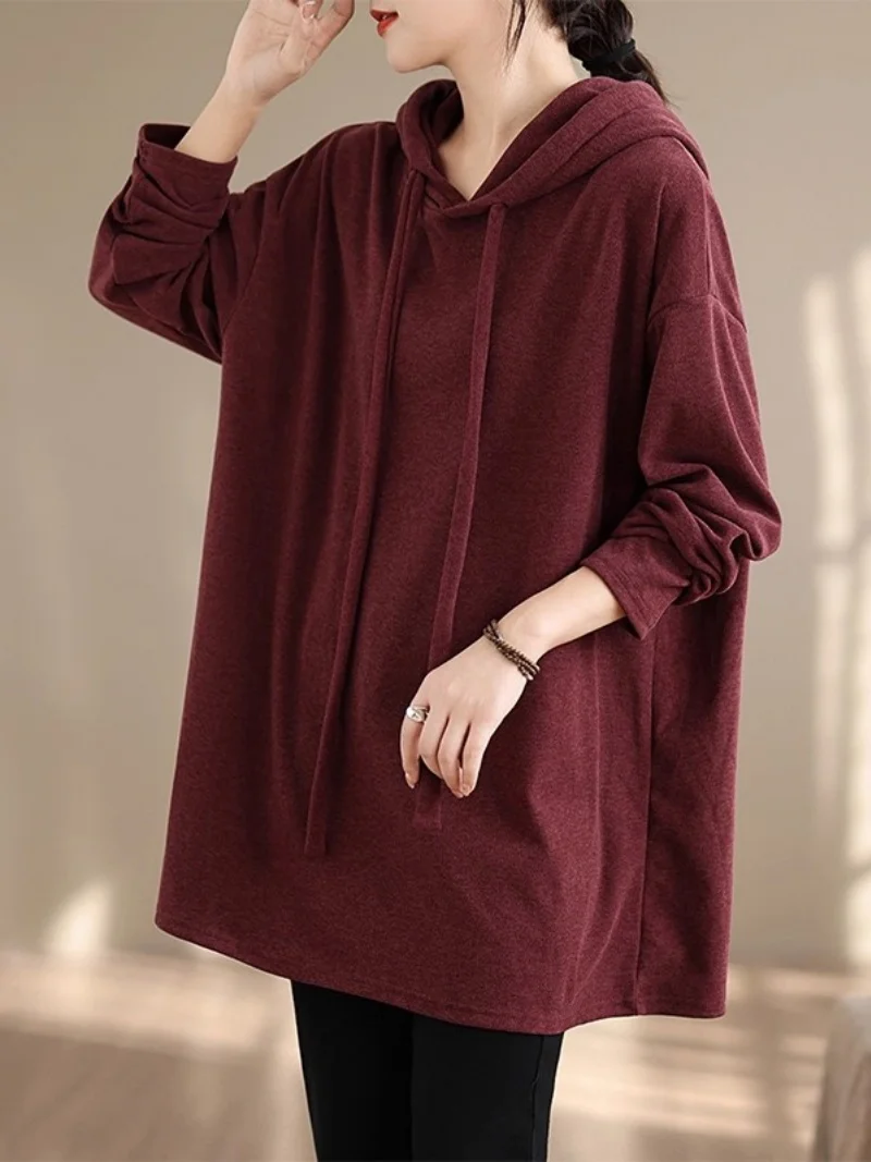 

2025 Autumn/Winter New Hoodie Women's Solid Color Loose Large Size T-shirt Korean Edition Casual Long Sleeve Top w1003