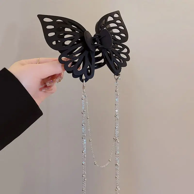 Pinza de pelo de Mariposa Negra grande para mujer, horquilla elegante de temperamento, tocado de borlas largas, Clip de agarre de moda, accesorios