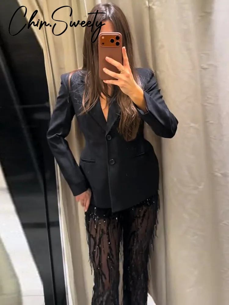 

Sexy Women's Pants Set Halter V-neck Tassel Backless Top Transparent Sequin Pants Female Sets 2026 Spring Chic Lady Suit New