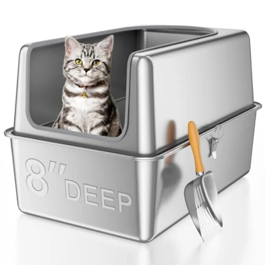 16'' High Sides XXXL All Stainless Steel Cat Litter Box with Lid, 8'' Deep Metal Litter Box for Big Cats, Extra Large Litter Bo