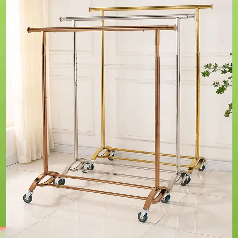 

clothing store display rack stainless steel lifting shelf island rack with wheels mobile women's clothing store rose gold hanger