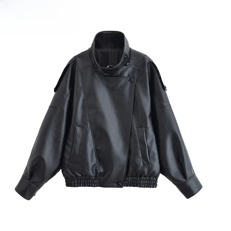 

Faionable Loose Leatherette Long Sve Stand Collar Jaet Women's Autumn New Sle ZBZR Sli Outerwear 439872