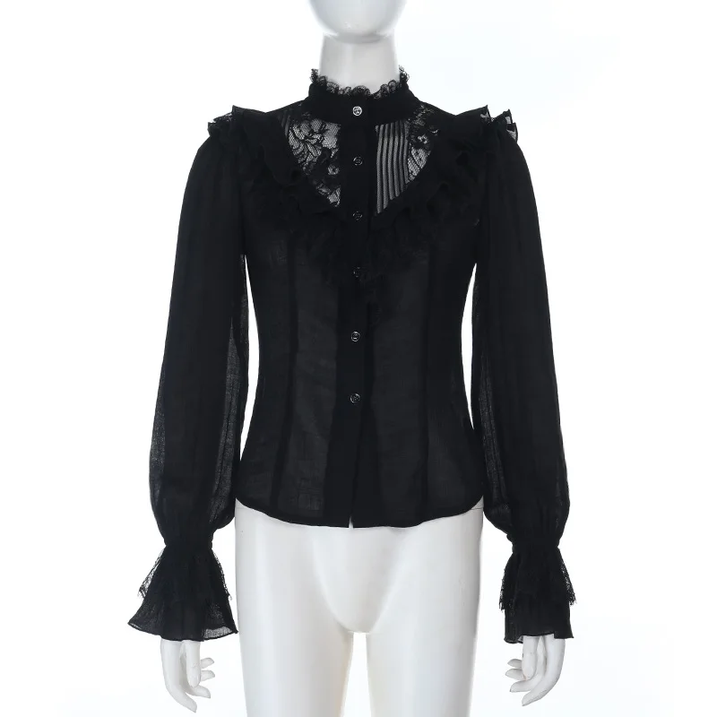 Camicette monopetto con patchwork cavo in pizzo gotico scuro Camicette da donna Abiti di moda Mall Goth Camicie con maniche svasate Top Halloween