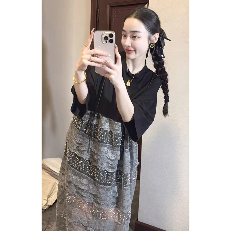 2025 ฤดูร้อนใหม่ผู้หญิงElegantหลวมลูกไม้ยาวเสื้อยืดหญิงแขนสั้นชุดขายส่งJ2006