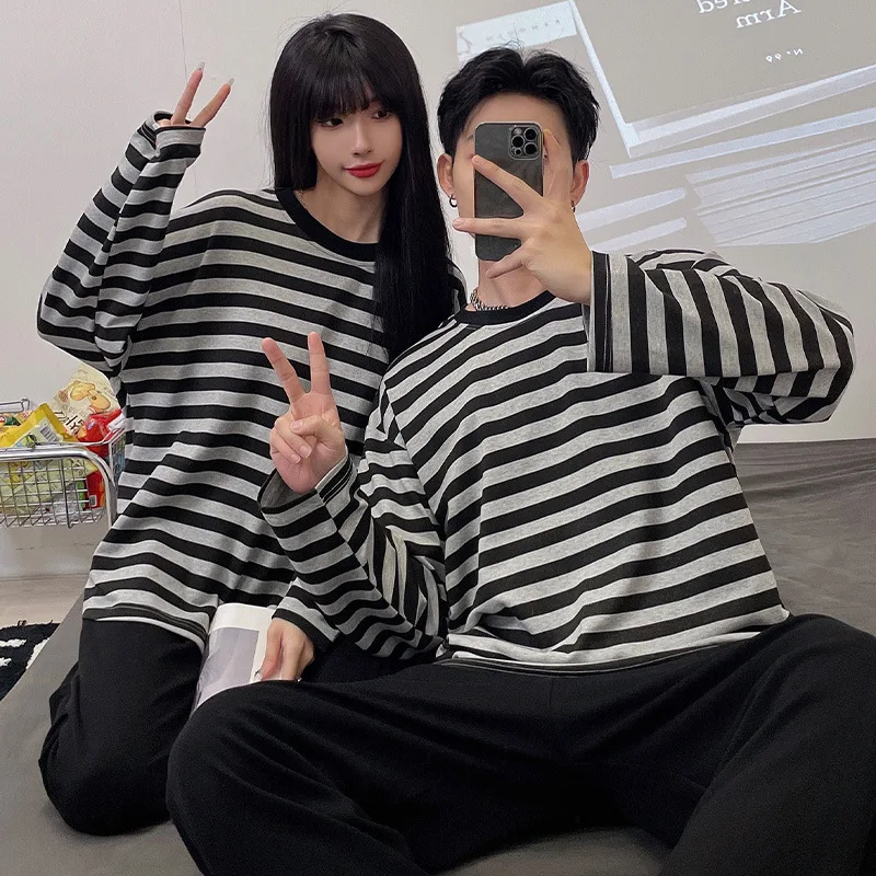 Couple Pajamas Spring Autumn Cotton Long Sleeves Sleepwear Set Lovely Loose Thin Loungewear Striped Women Cotton Pajamas Men